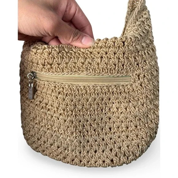 The Sak Crochet Hobo Bag Tan Neutral Boho Shoulder Bag with Yellow Tassel - Picture 8 of 8